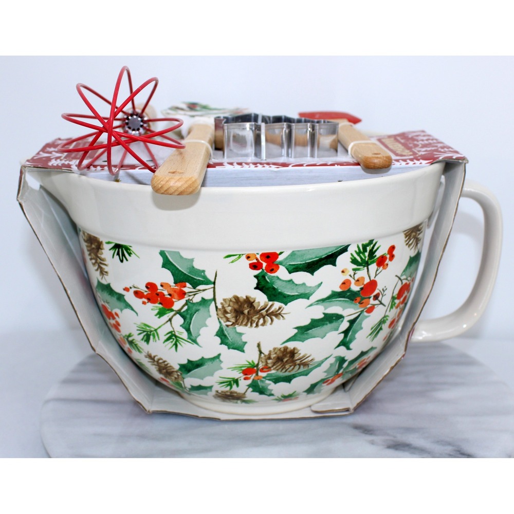 The Bakeshop Christmas Holly Pinecone Mixing Bowl Whisk Spatula Cookie Cutter